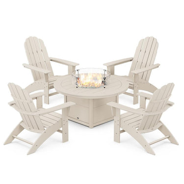 POLYWOOD Vineyard 5-Piece Curveback Adirondack Conversation Set w/ Fire Pit Table - Sand